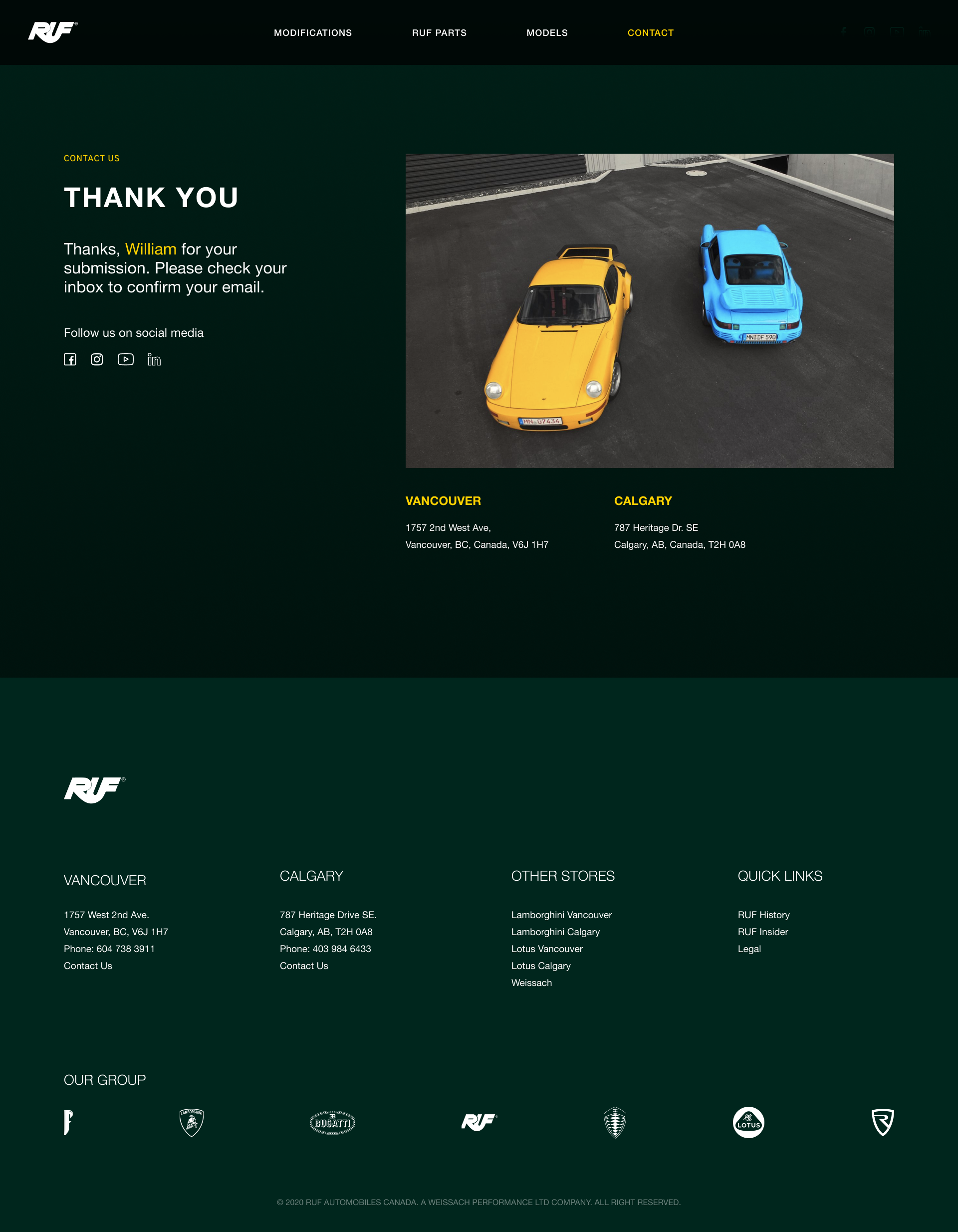 RUF Contcat Page Showing Dynamic Thank You Message