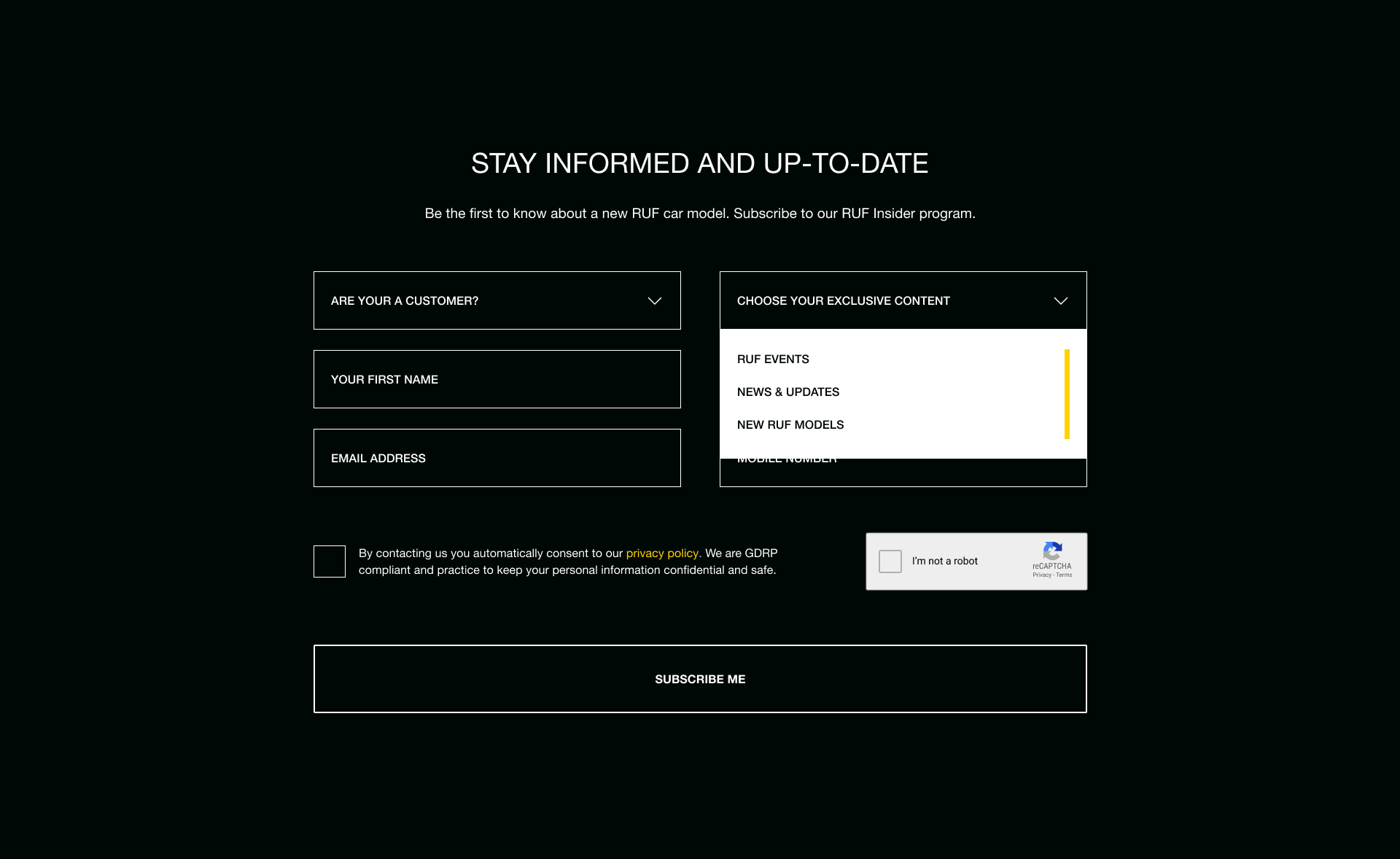 RUF Automobiles, RUF Insider Form Showing Drop Down Selection